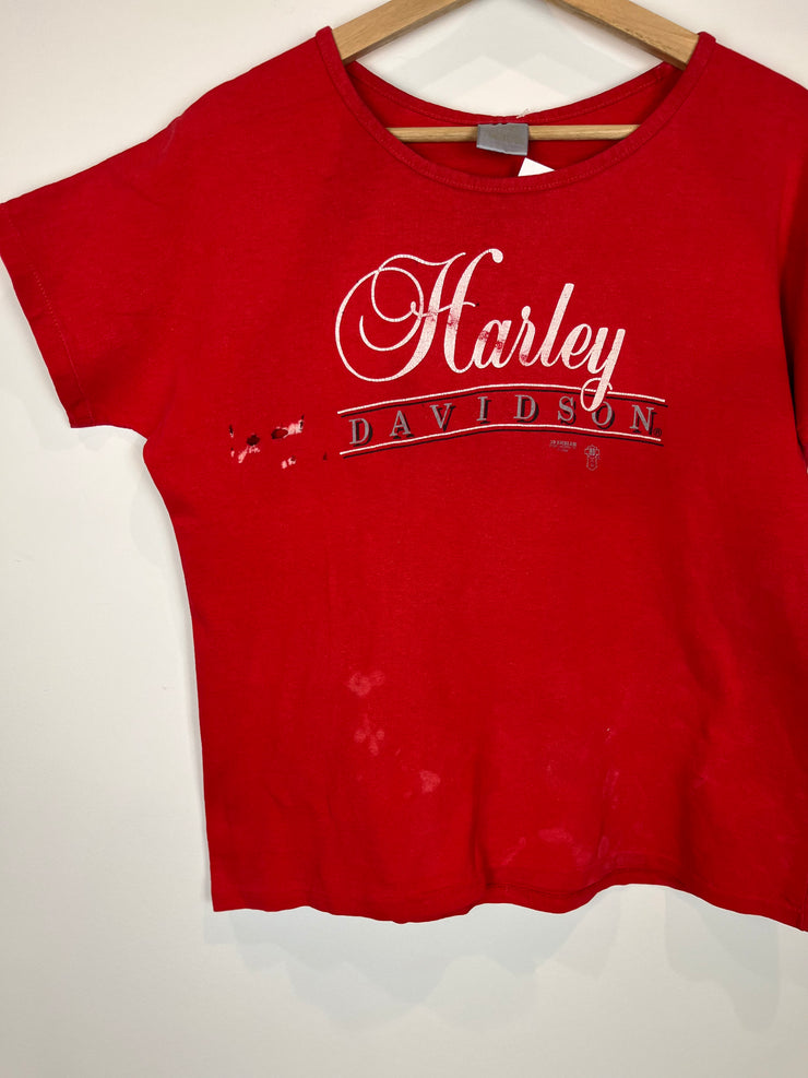 Vintage 1989 Harley Davidson 3D Emblem Distressed Red Baby Tee