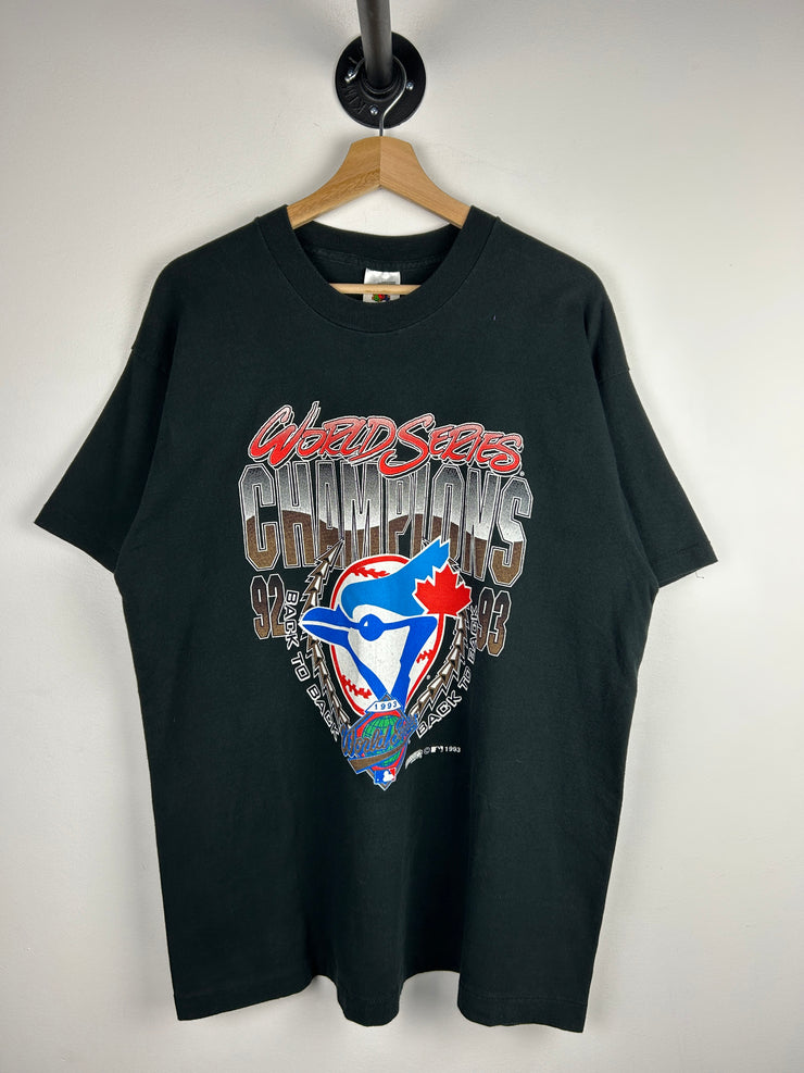 Vintage 90s MLB Toronto Blue Jays Back To Back Champions Black Tee