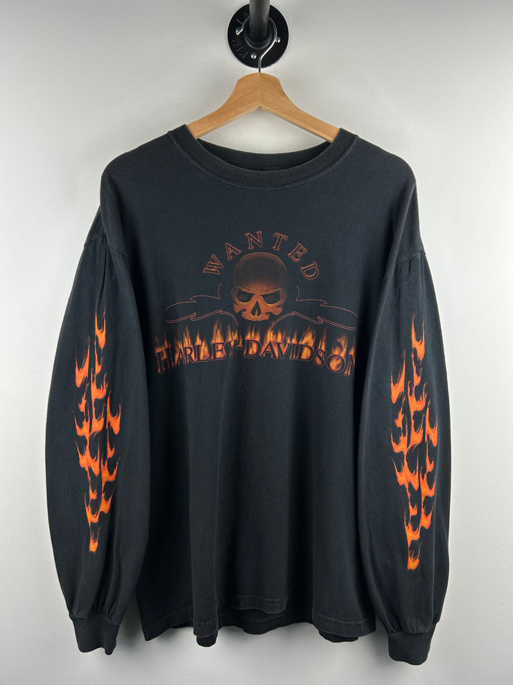 Vintage 2005 Harley Davidson Flames Skull Detroit Black Long Sleeve