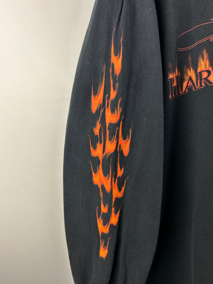 Vintage 2005 Harley Davidson Flames Skull Detroit Black Long Sleeve