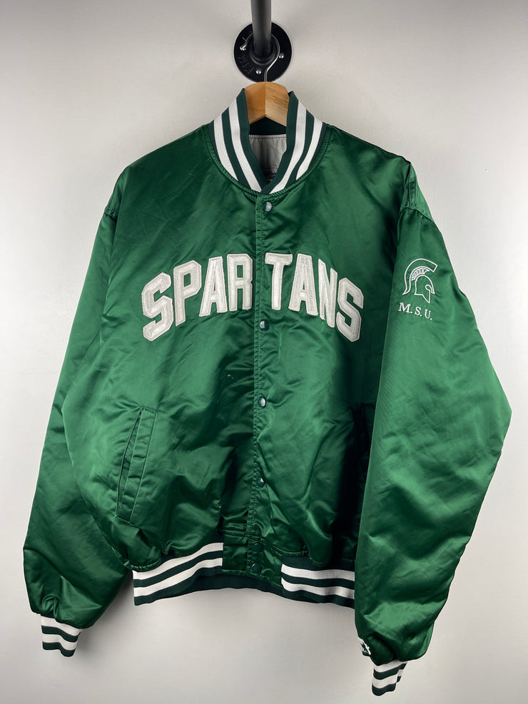 Vintage 90s Starter Michigan State University Spartans Green Satin Bomber Jacket