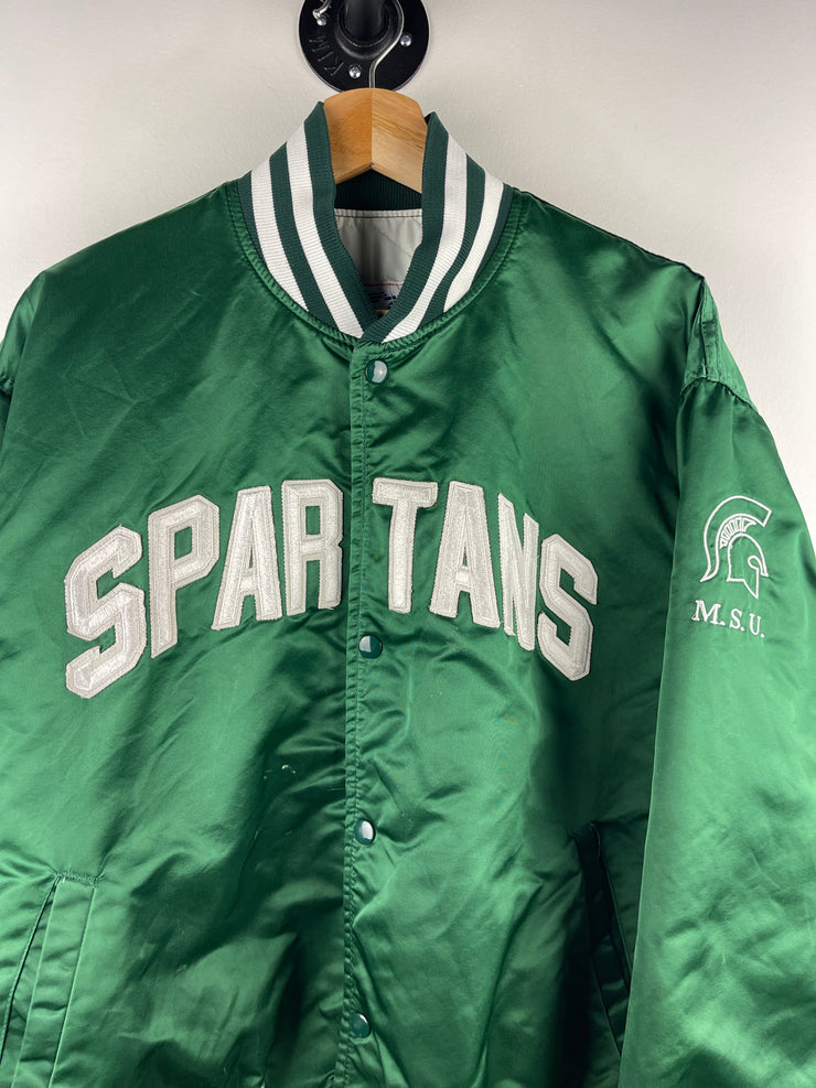 Vintage 90s Starter Michigan State University Spartans Green Satin Bomber Jacket