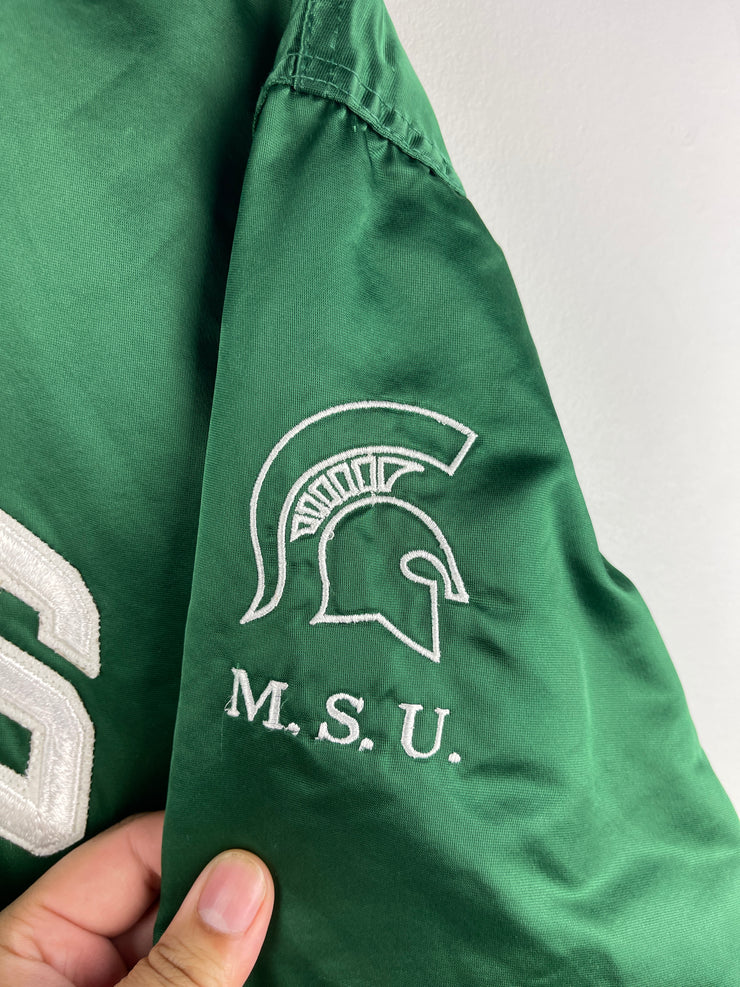 Vintage 90s Starter Michigan State University Spartans Green Satin Bomber Jacket