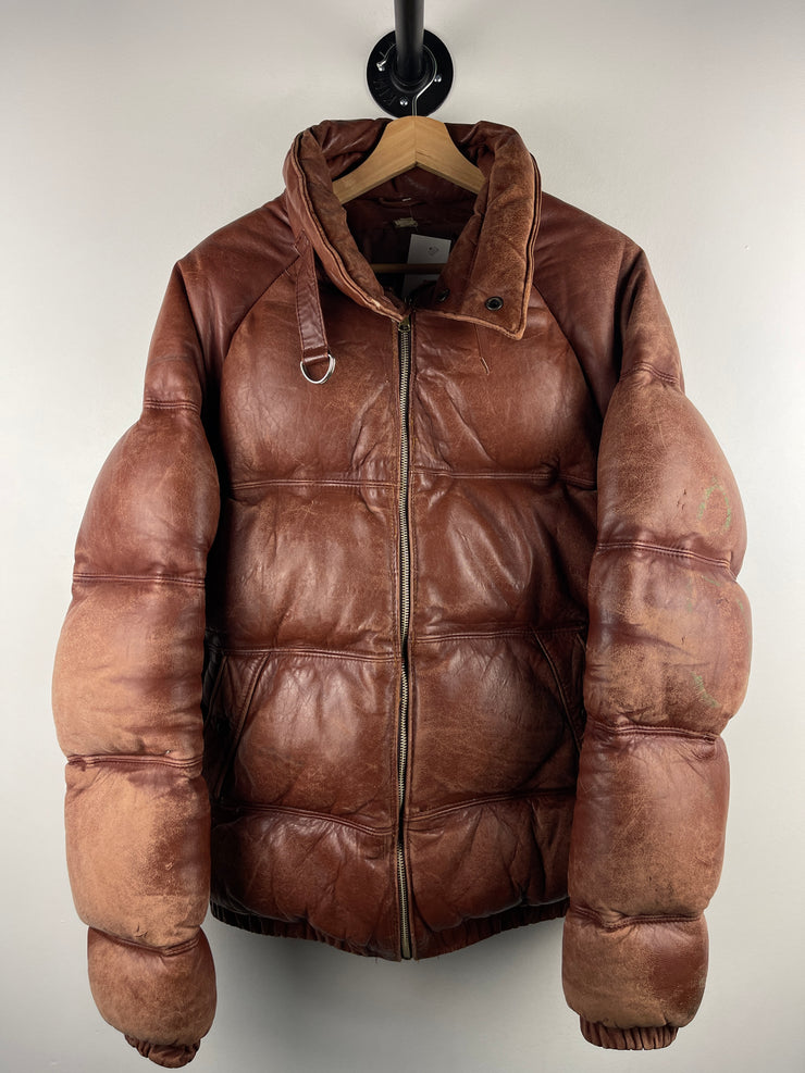 Vintage 80s Faded Brown Leather Cropped Puffer Jacket