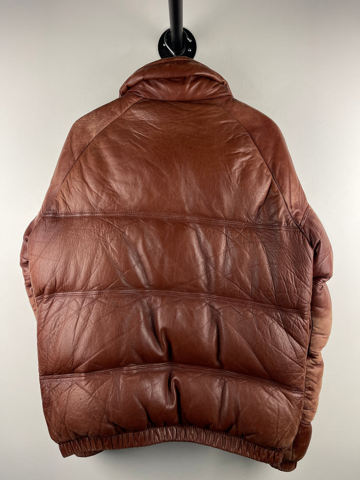 Vintage 80s Faded Brown Leather Cropped Puffer Jacket