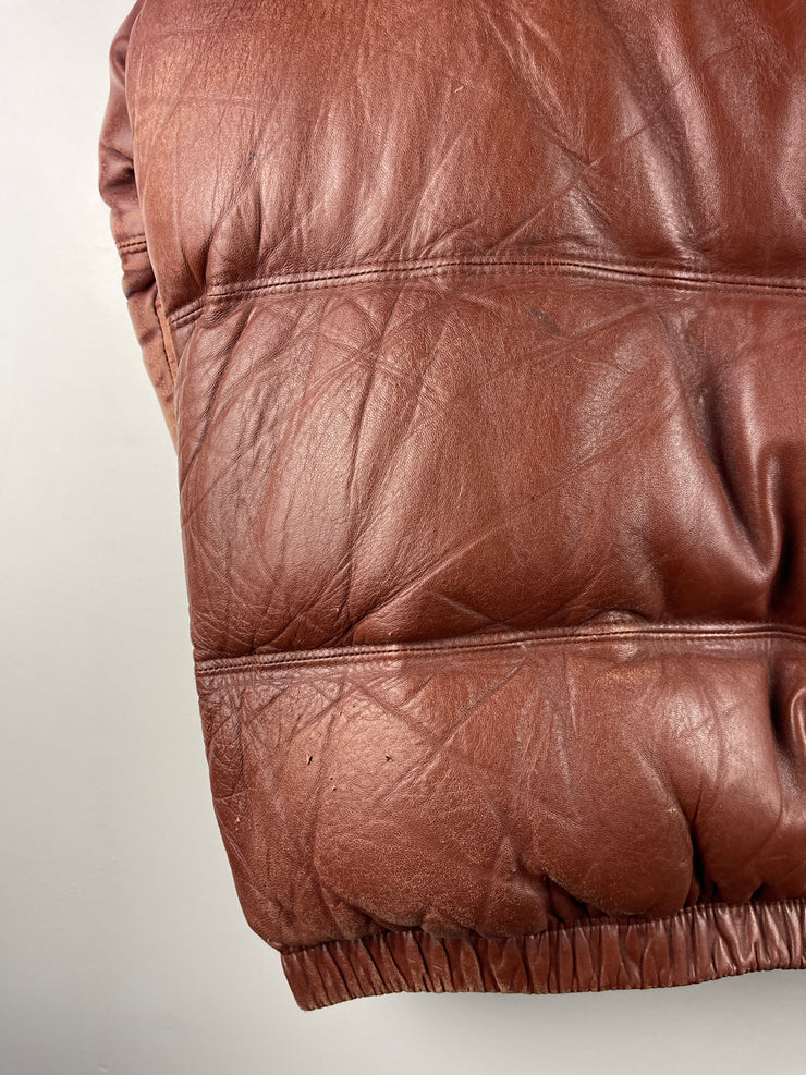 Vintage 80s Faded Brown Leather Cropped Puffer Jacket