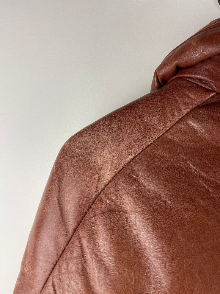Vintage 80s Faded Brown Leather Cropped Puffer Jacket