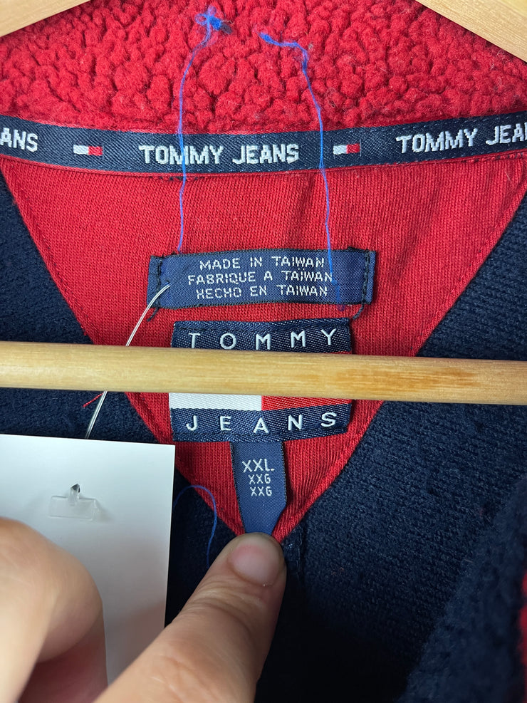 Vintage 90s Tommy Hilfiger Denim Navy Sherpa Quarter Zip Fleece Sweater