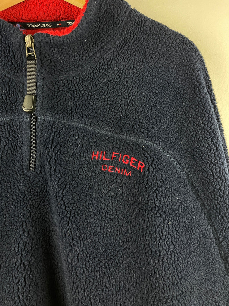 Vintage 90s Tommy Hilfiger Denim Navy Sherpa Quarter Zip Fleece Sweater