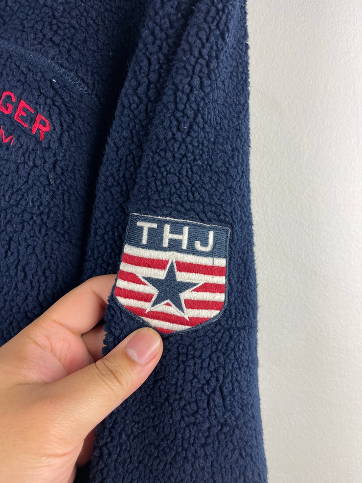 Vintage 90s Tommy Hilfiger Denim Navy Sherpa Quarter Zip Fleece Sweater