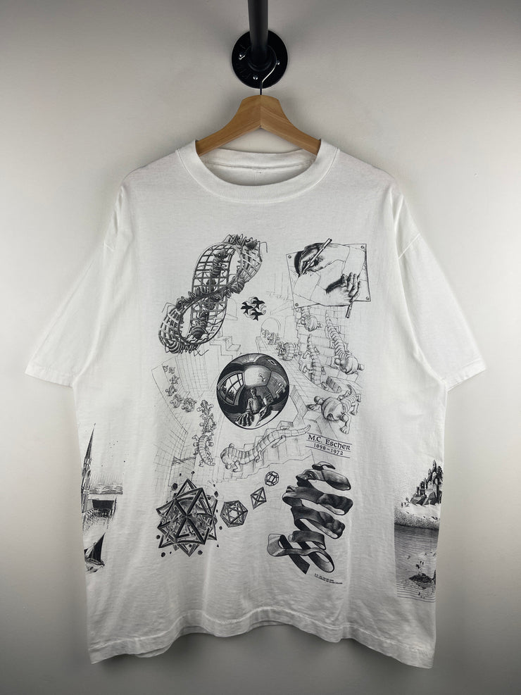Vintage 90s MC Escher Art All Over Print White Tee