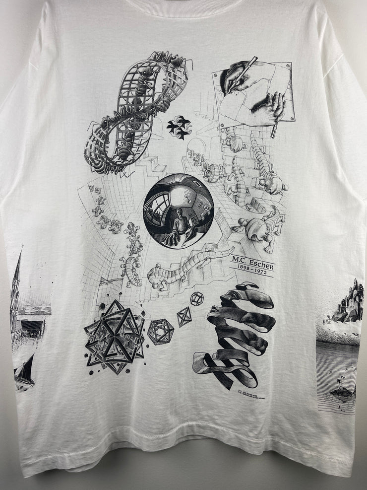 Vintage 90s MC Escher Art All Over Print White Tee