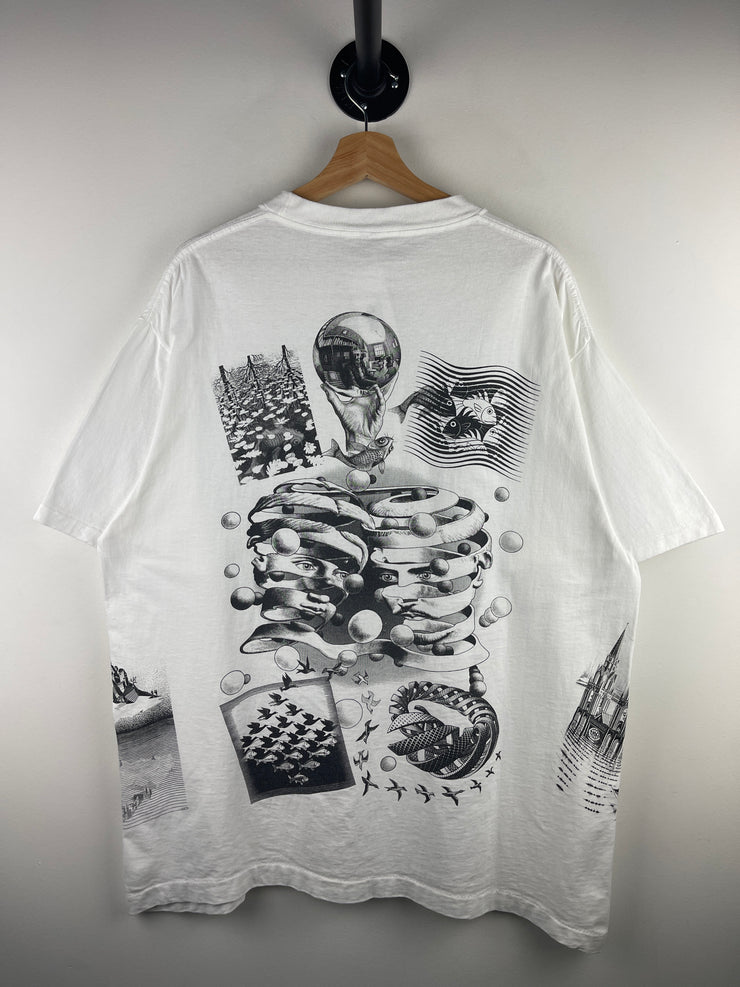 Vintage 90s MC Escher Art All Over Print White Tee