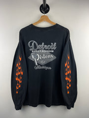 Vintage 2005 Harley Davidson Flames Skull Detroit Black Long Sleeve