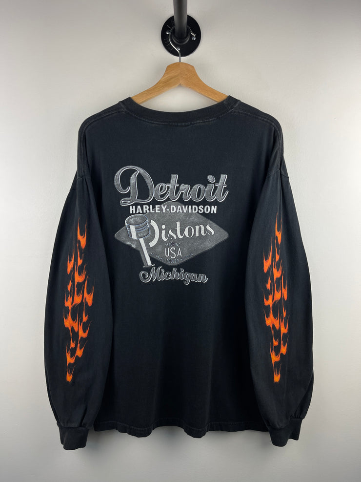 Vintage 2005 Harley Davidson Flames Skull Detroit Black Long Sleeve