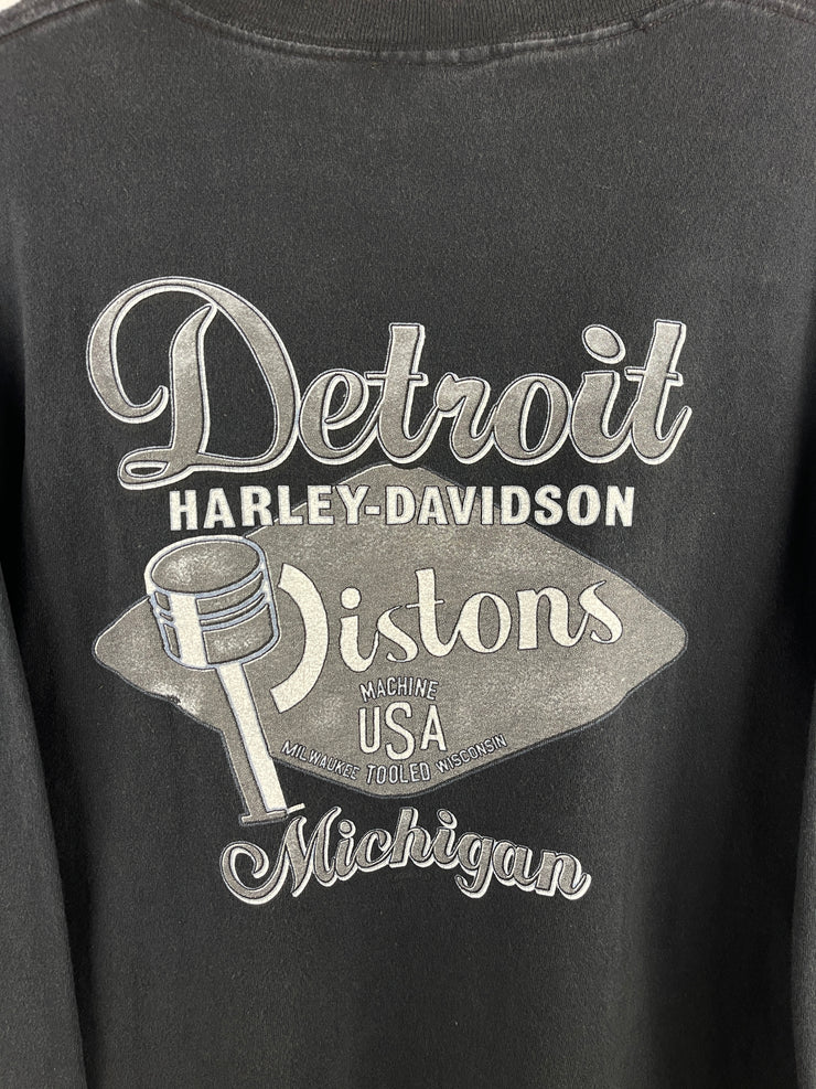 Vintage 2005 Harley Davidson Flames Skull Detroit Black Long Sleeve