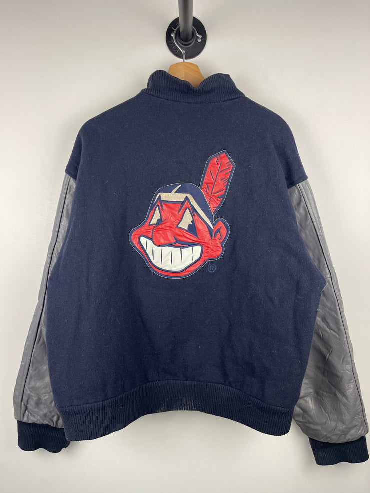Vintage 90s MLB Cleveland Indians Navy Wool Leather Varsity Jacket