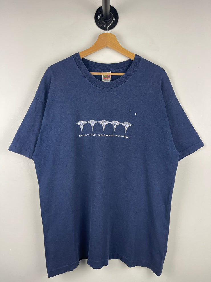 Vintage 90s Multiple Orgasm Donor Comedy Navy Tee