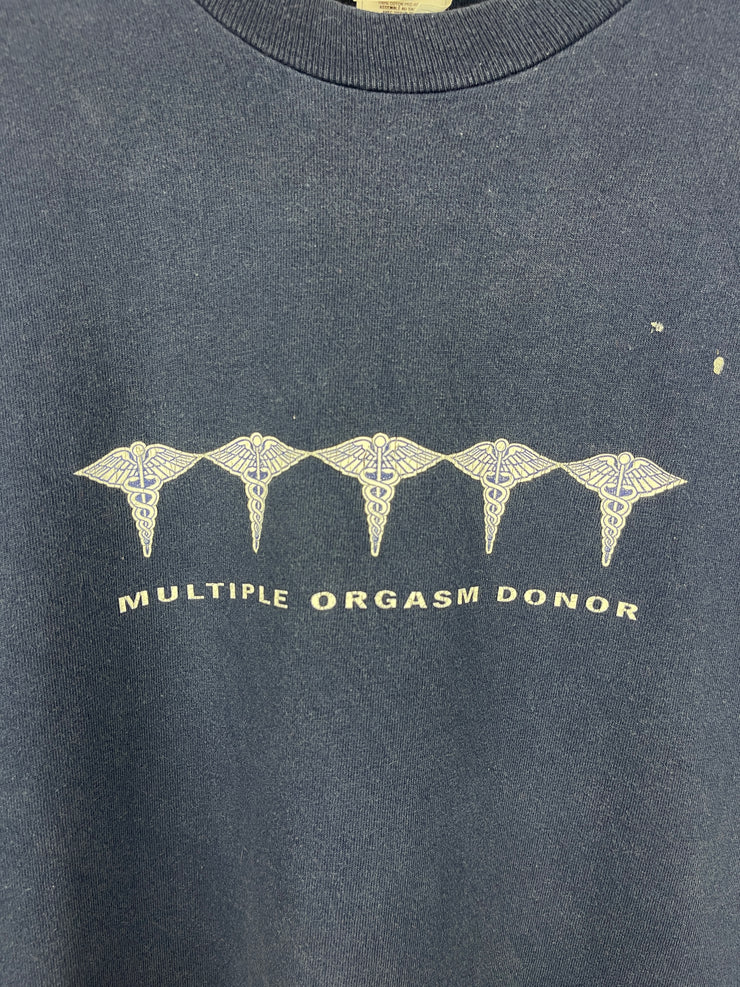 Vintage 90s Multiple Orgasm Donor Comedy Navy Tee