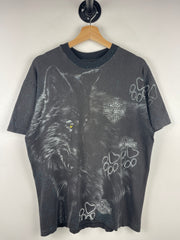 Vintage 90s Harley Davidson Wolf Massachusetts All Over Print Black Tee