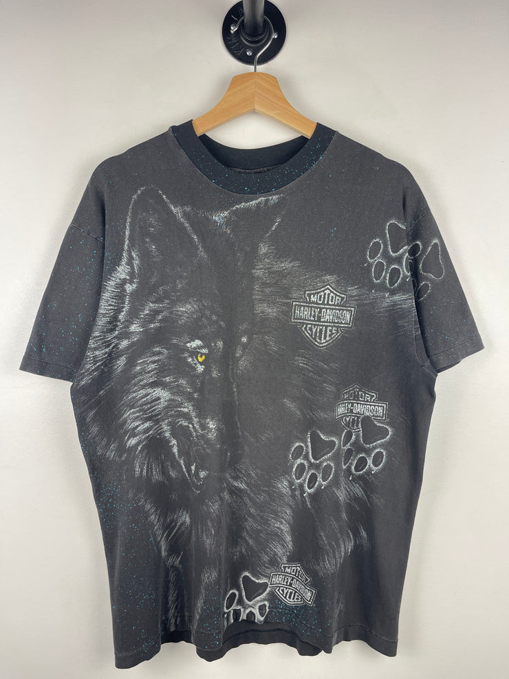 Vintage 90s Harley Davidson Wolf Massachusetts All Over Print Black Tee