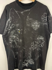 Vintage 90s Harley Davidson Wolf Massachusetts All Over Print Black Tee