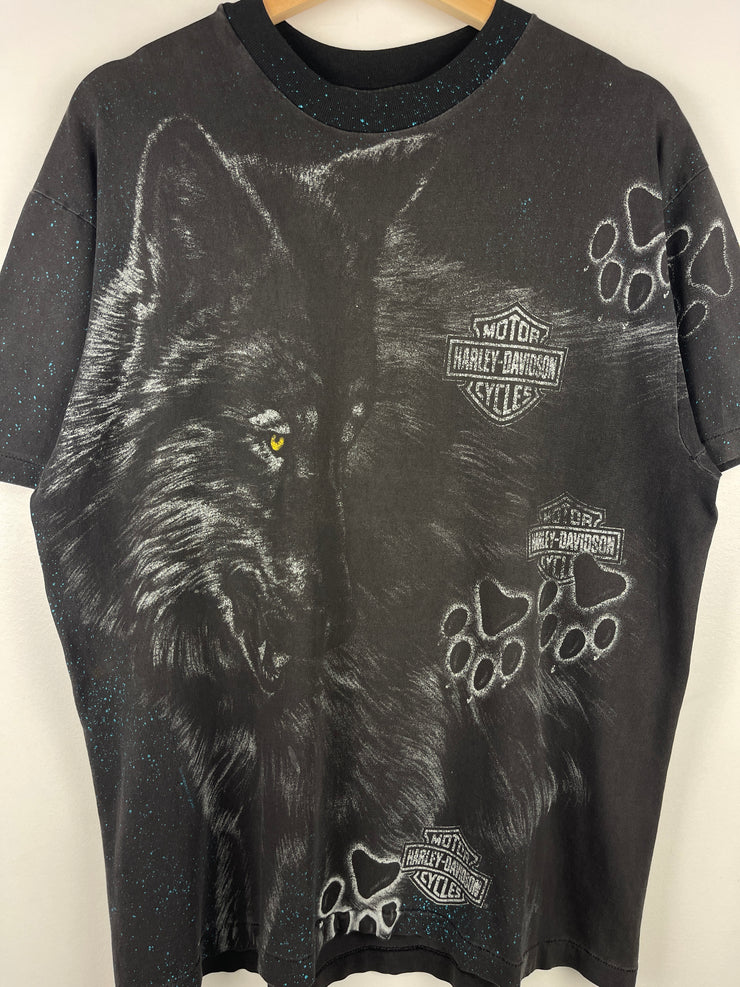 Vintage 90s Harley Davidson Wolf Massachusetts All Over Print Black Tee