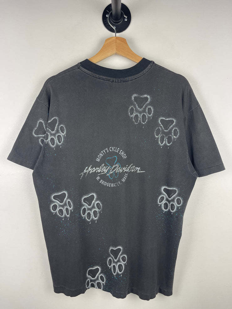 Vintage 90s Harley Davidson Wolf Massachusetts All Over Print Black Tee