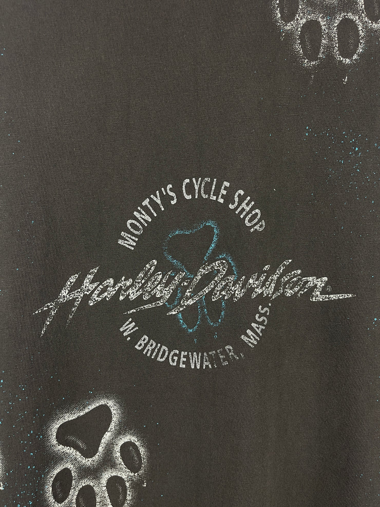 Vintage 90s Harley Davidson Wolf Massachusetts All Over Print Black Tee