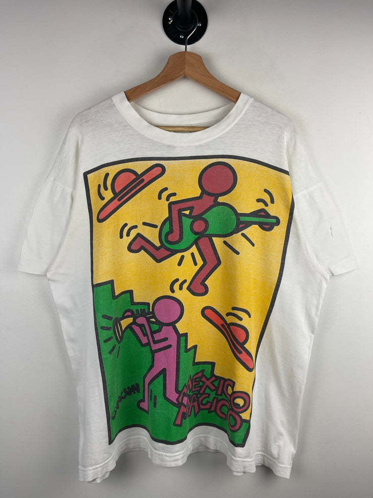 Vintage 90s Keith Haring Cancun Mexico Dancing Band Art White Tee