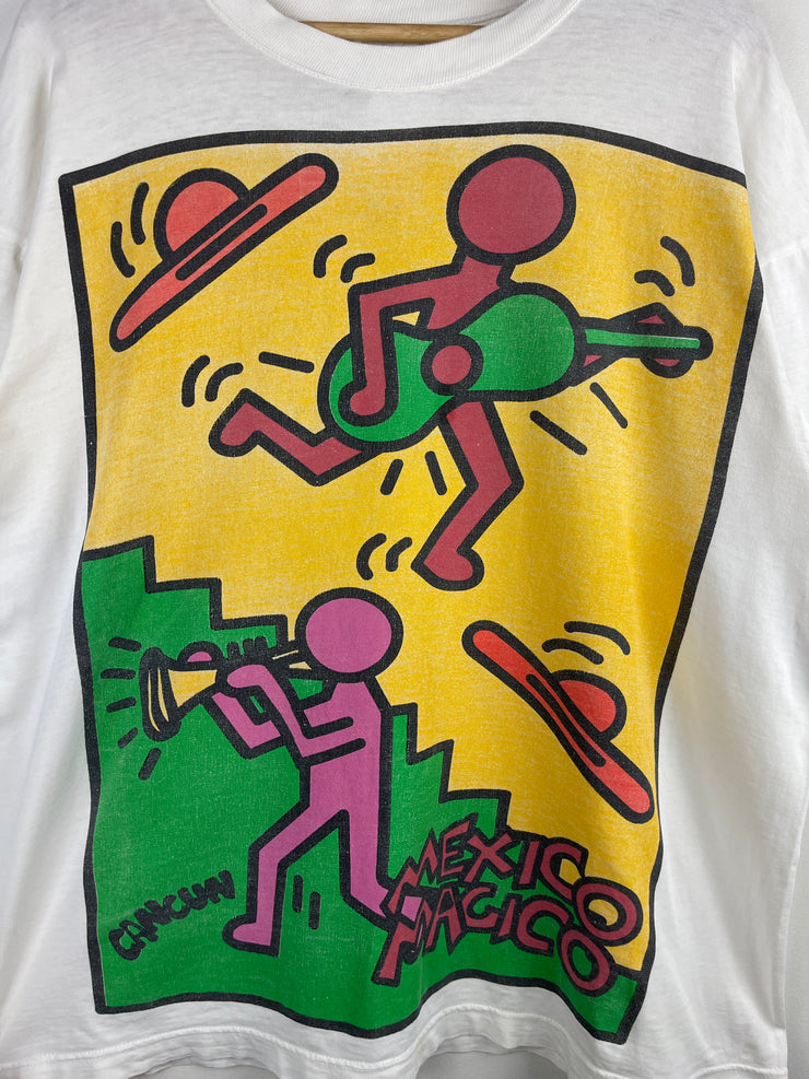 Vintage 90s Keith Haring Cancun Mexico Dancing Band Art White Tee