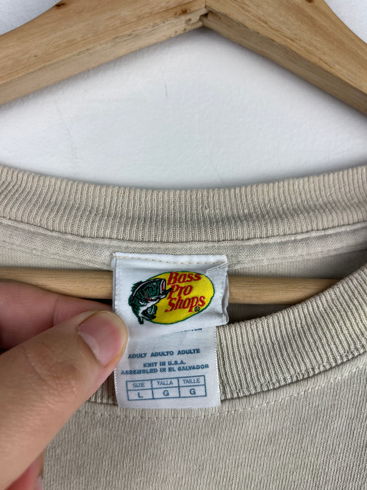 Vintage Bass Pro Shop Colorado Paint Splattered Beige Tee