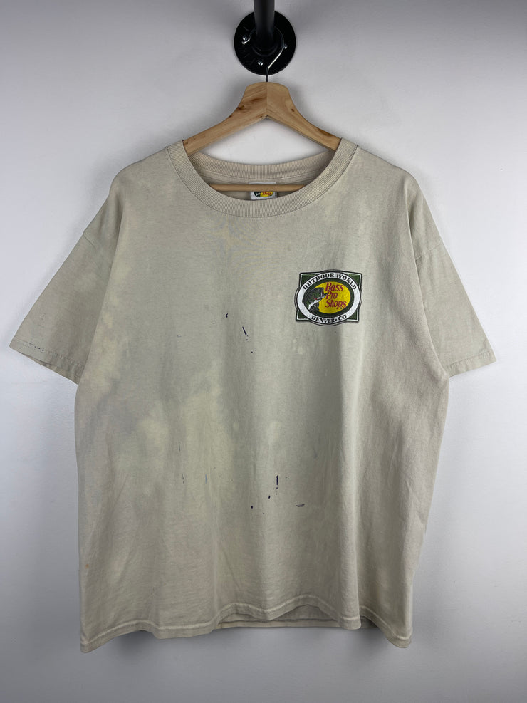 Vintage Bass Pro Shop Colorado Paint Splattered Beige Tee