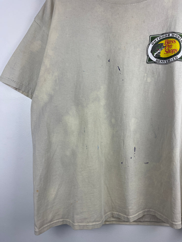 Vintage Bass Pro Shop Colorado Paint Splattered Beige Tee