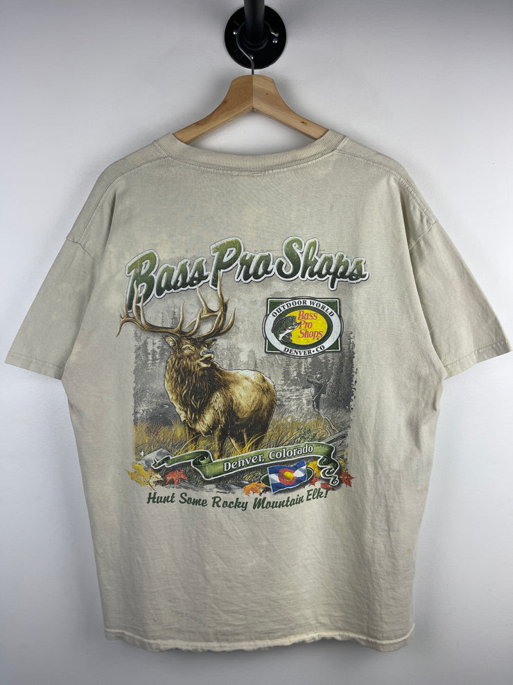 Vintage Bass Pro Shop Colorado Paint Splattered Beige Tee