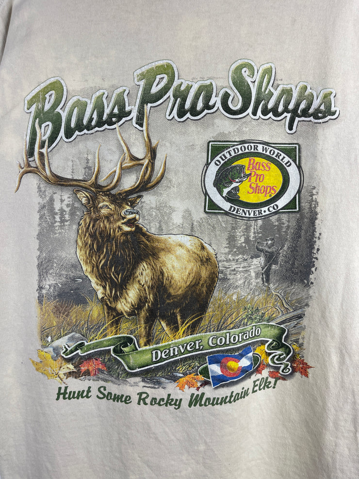 Vintage Bass Pro Shop Colorado Paint Splattered Beige Tee